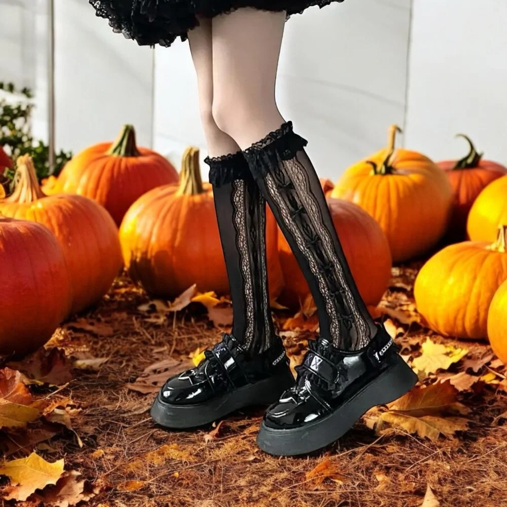 Retro Vintage Style Bow Accent Knee High Socks‎ Flirty Ruffle Trim Soft Lace